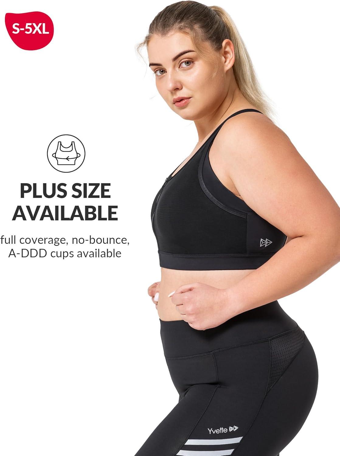 Yvette High Impact Women Sports Bra Front Closure Double Deck Mesh Running Bra for Plus Size(Black)