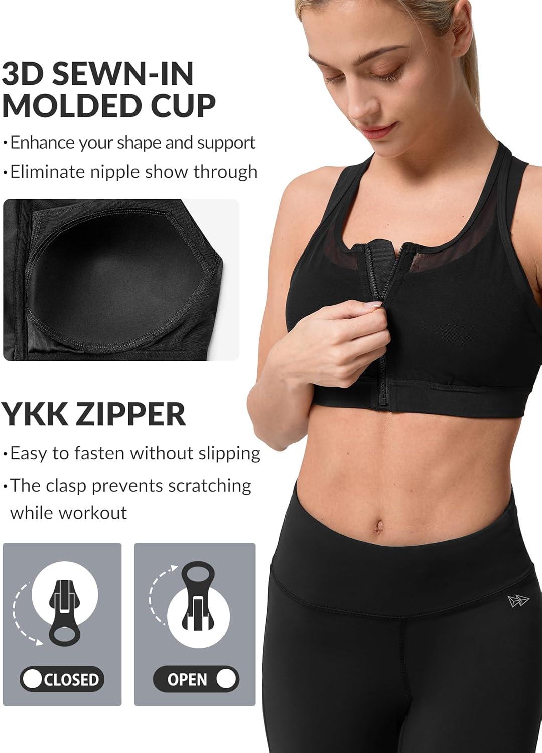 Yvette High Impact Women Sports Bra Front Closure Double Deck Mesh Running Bra for Plus Size(Black)