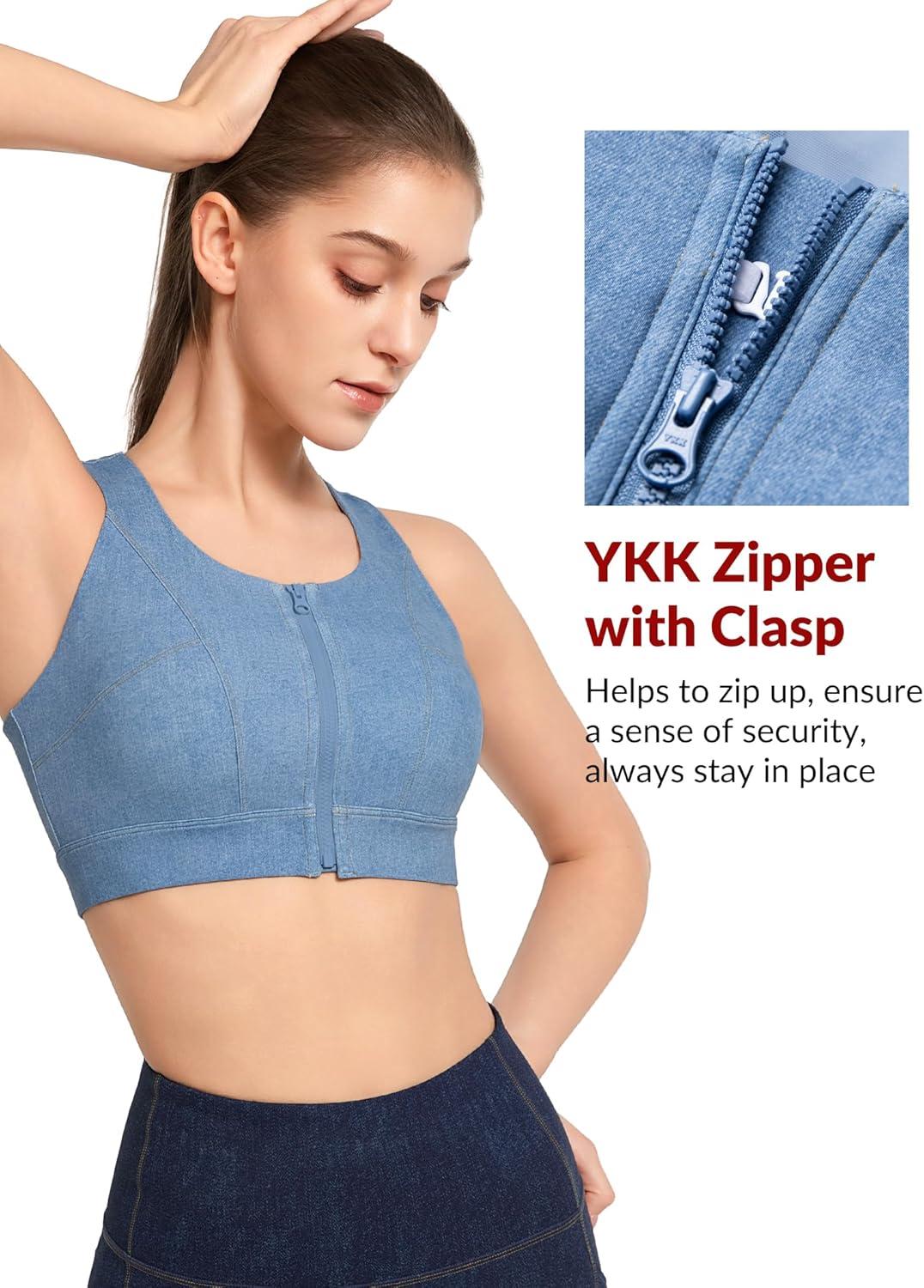 Yvette Zip Front Sports Bras for Women High Impact Racerback Sports Bra Full Support No Bounce for Large Breasts(Light Blue)