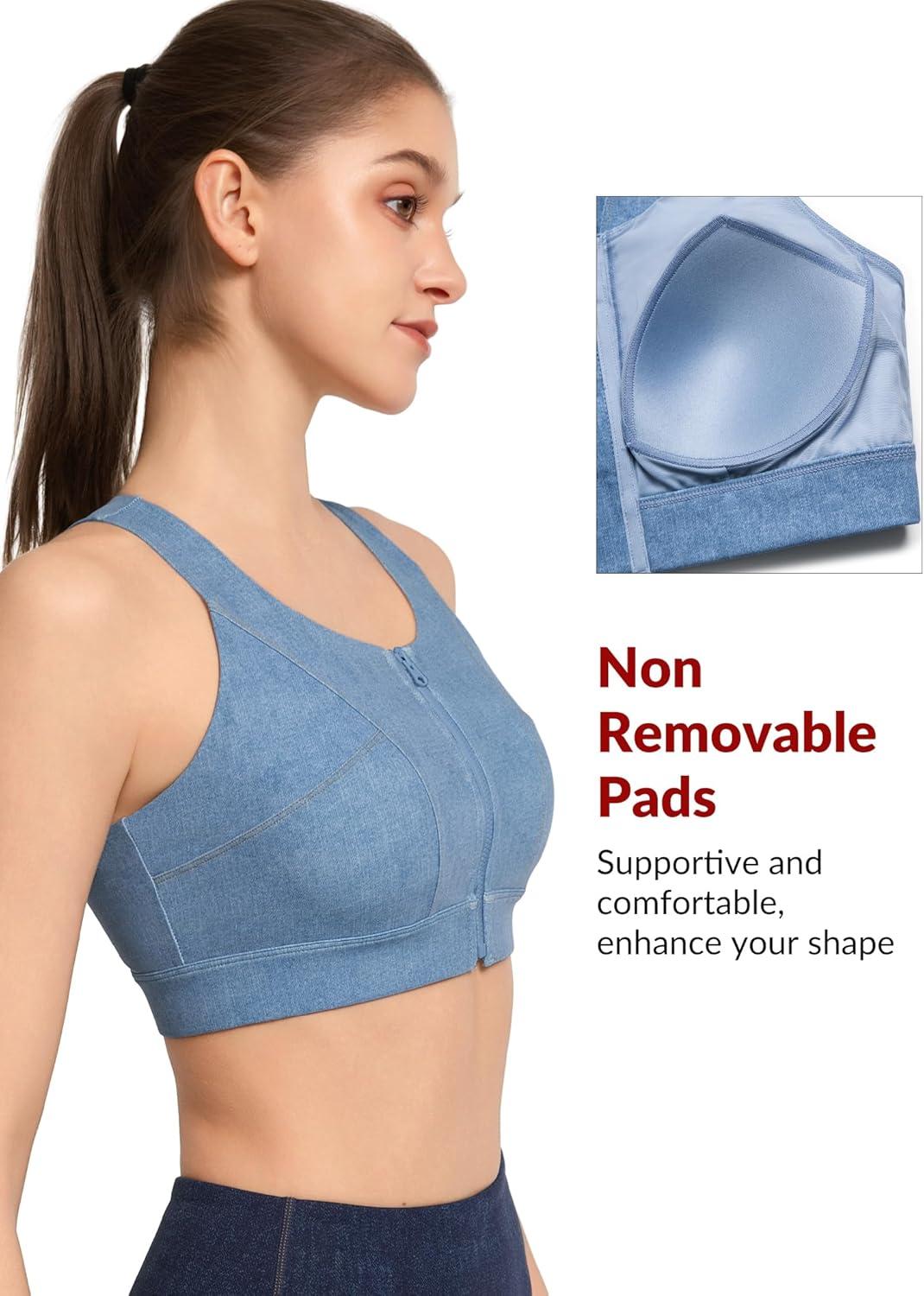 Yvette Zip Front Sports Bras for Women High Impact Racerback Sports Bra Full Support No Bounce for Large Breasts(Light Blue)