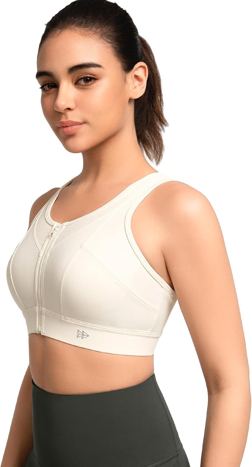 Yvette High Impact Sports Bras for Women Front Zip Supportive Running Bras for Large Bust Plus Size(Off-white)