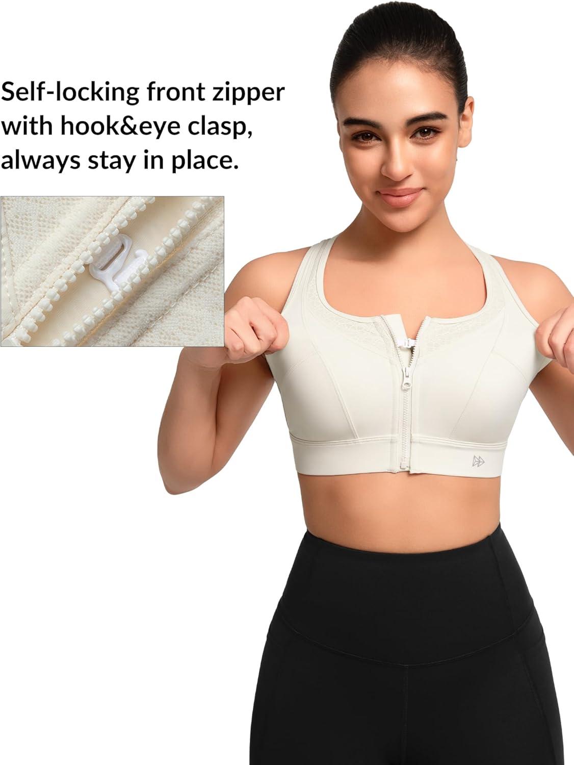 Yvette High Impact Sports Bras for Women Front Zip Supportive Running Bras for Large Bust Plus Size(Off-white)