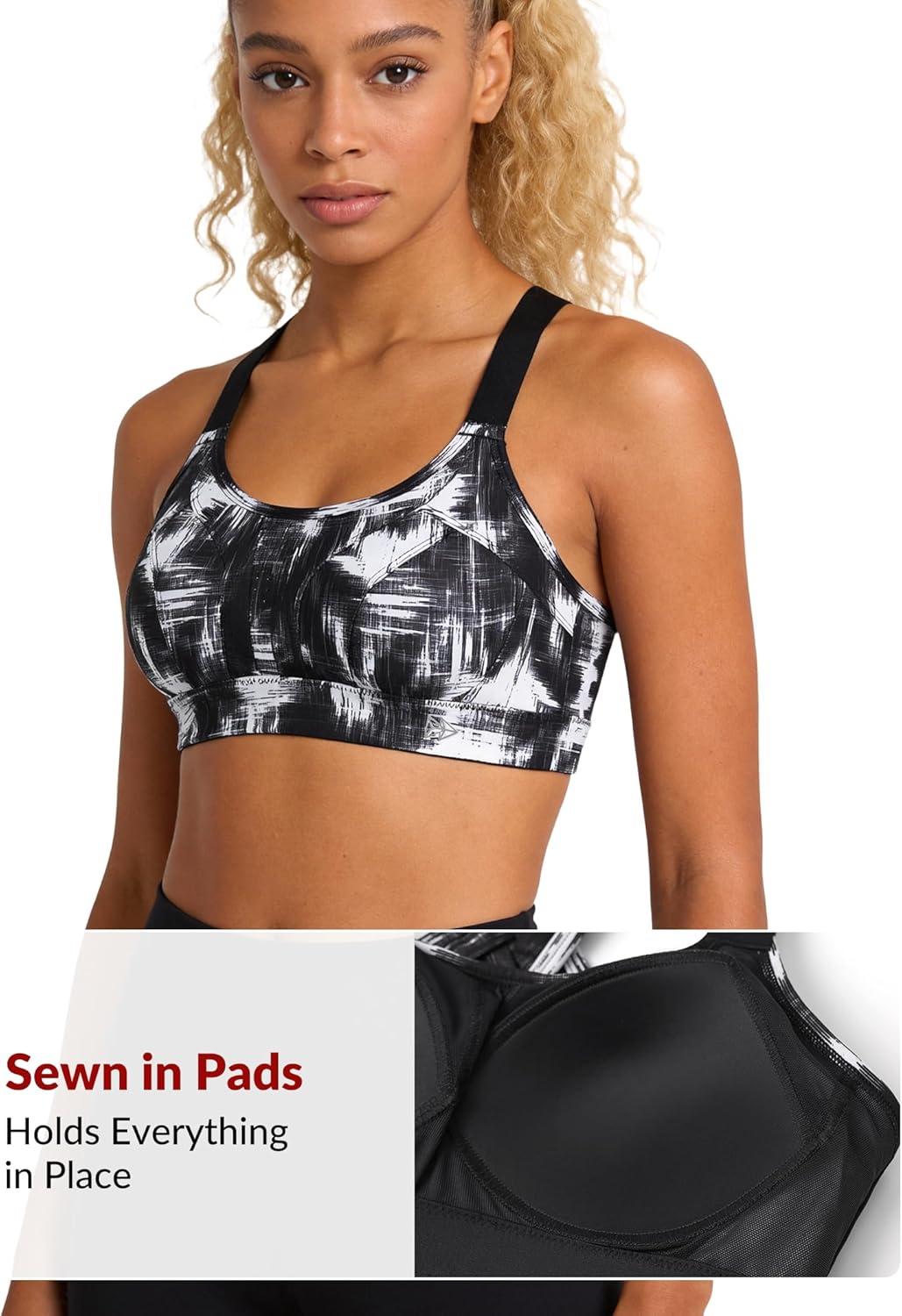 Yvette Sports Bra High Impact Adjustable Criss Cross Back, Full Support for Large Bust No Bounce(White Printed)