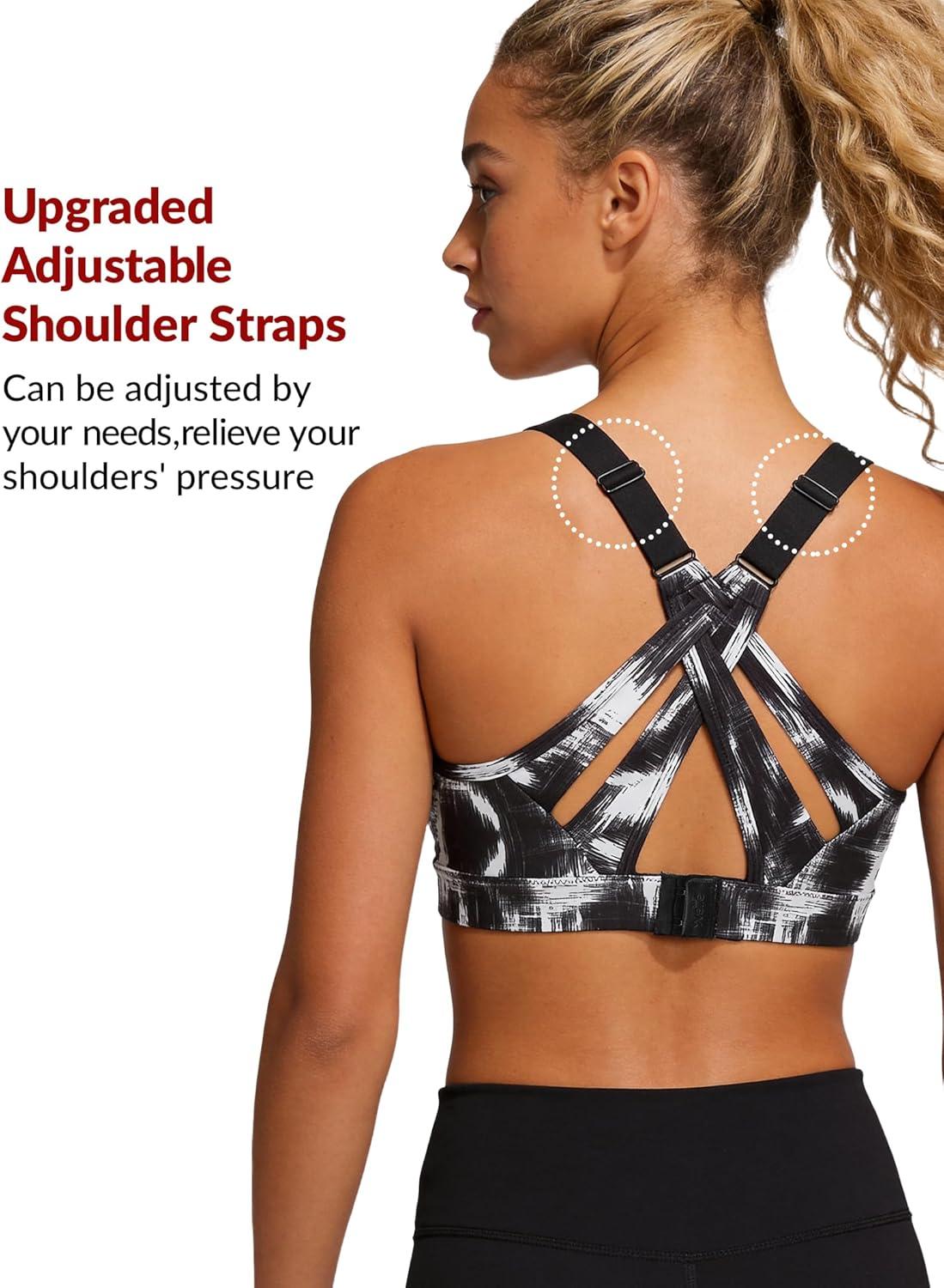 Yvette Sports Bra High Impact Adjustable Criss Cross Back, Full Support for Large Bust No Bounce(White Printed)