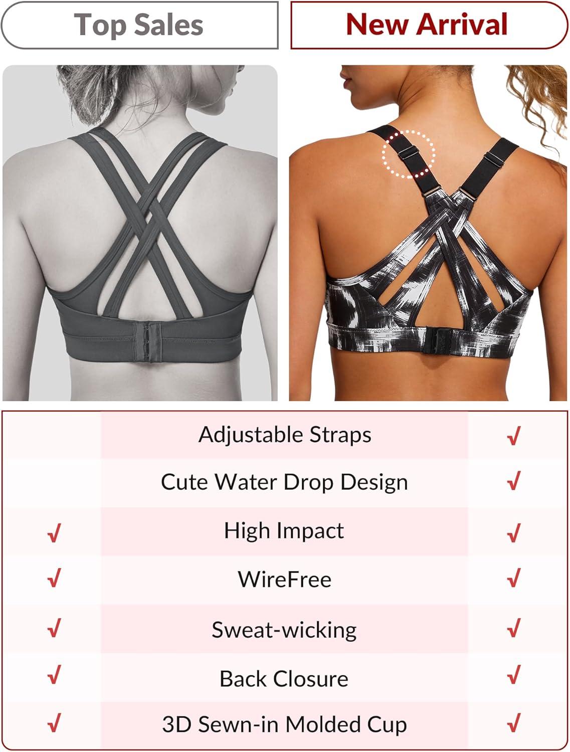 Yvette Sports Bra High Impact Adjustable Criss Cross Back, Full Support for Large Bust No Bounce(White Printed)