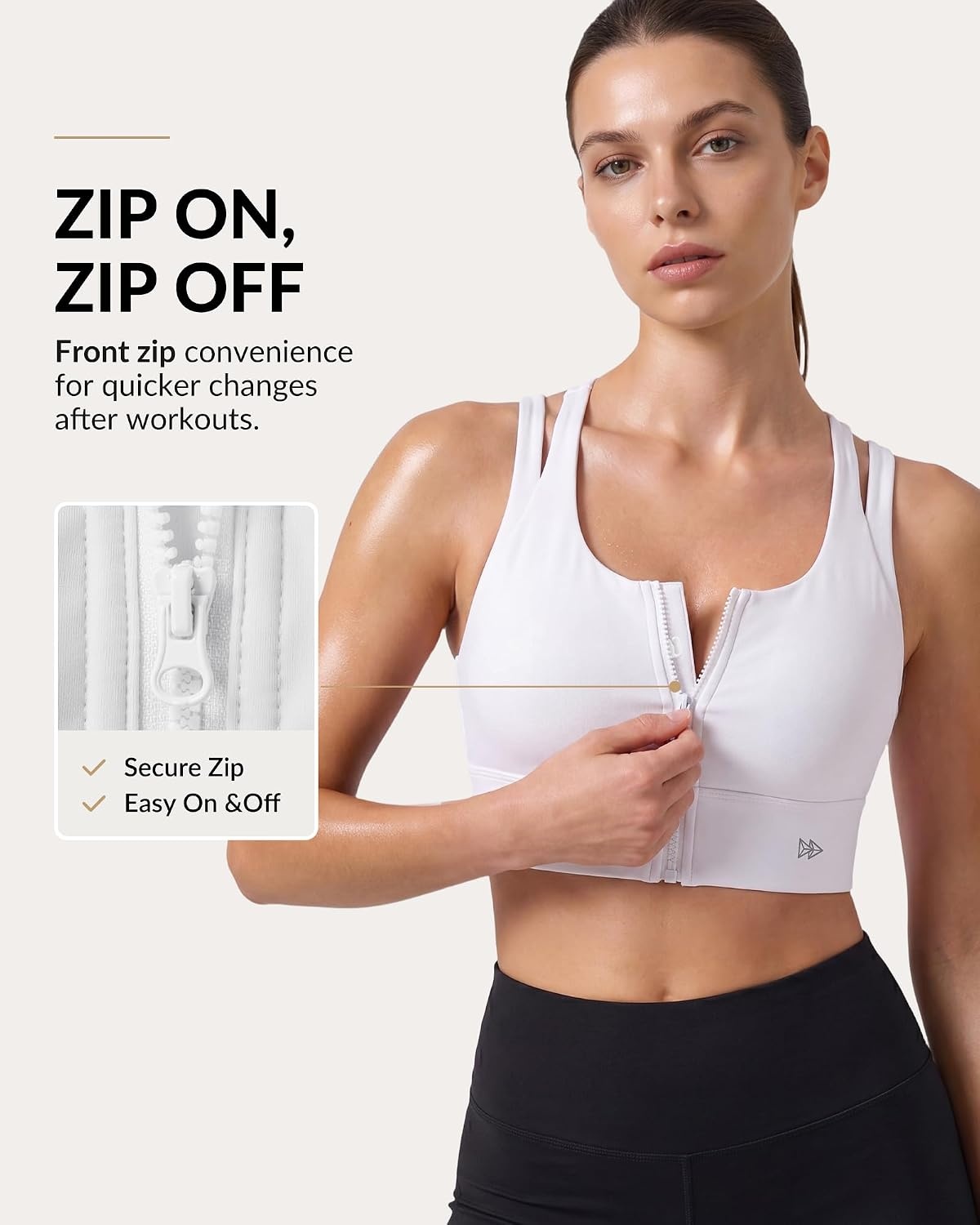 Yvette Front Zip Sports Bra for Women High Impact, Wireless Racerback Workout Bra with Wide Band for Running Gym HIIT(White)