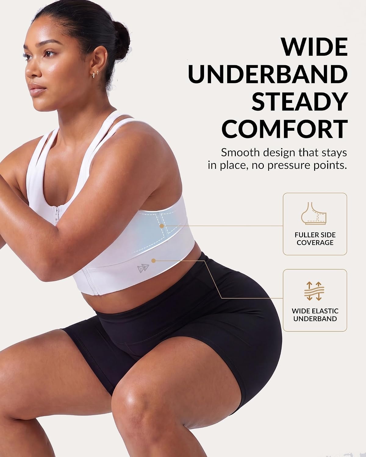 Yvette Front Zip Sports Bra for Women High Impact, Wireless Racerback Workout Bra with Wide Band for Running Gym HIIT(White)