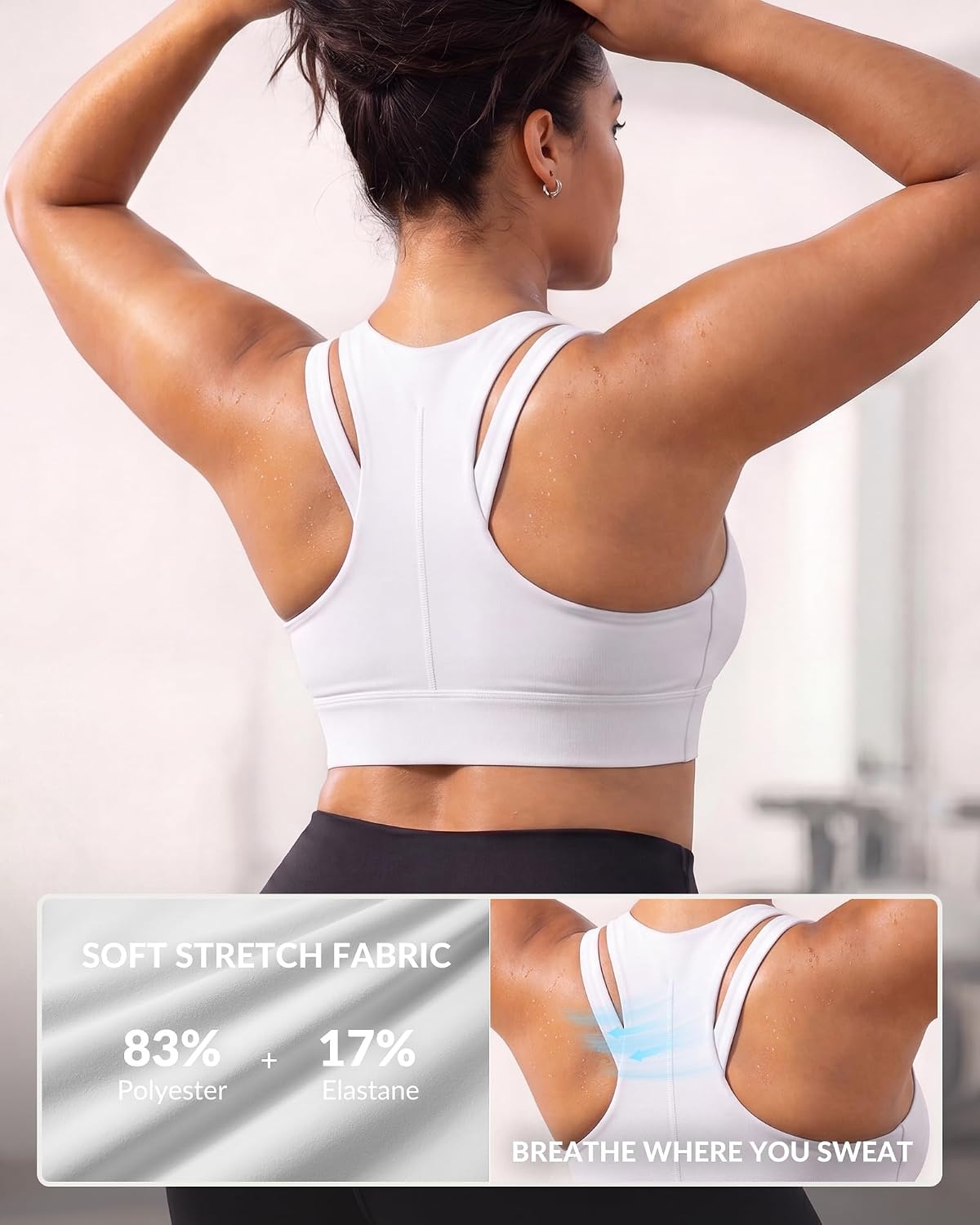 Yvette Front Zip Sports Bra for Women High Impact, Wireless Racerback Workout Bra with Wide Band for Running Gym HIIT(White)