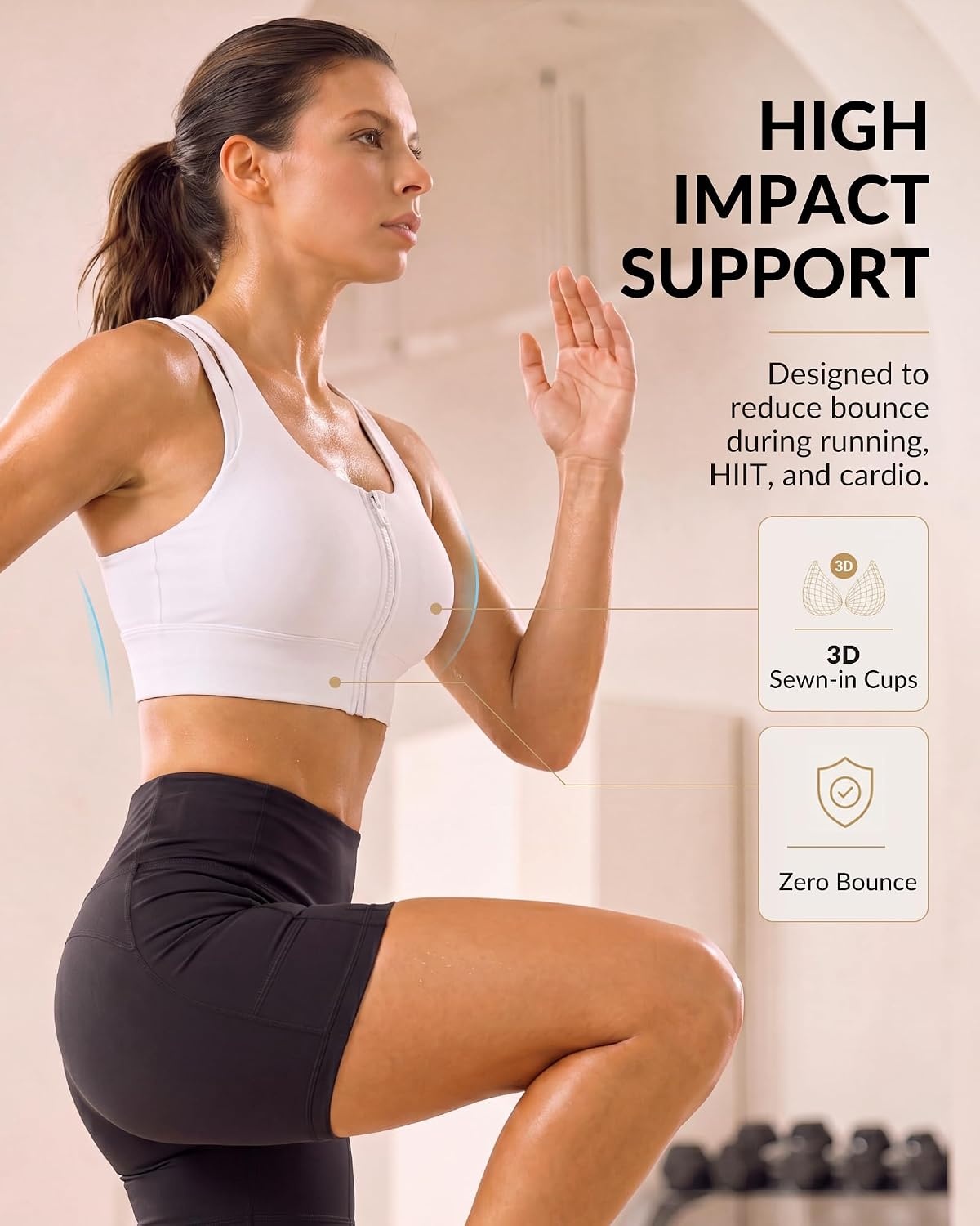 Yvette Front Zip Sports Bra for Women High Impact, Wireless Racerback Workout Bra with Wide Band for Running Gym HIIT(White)