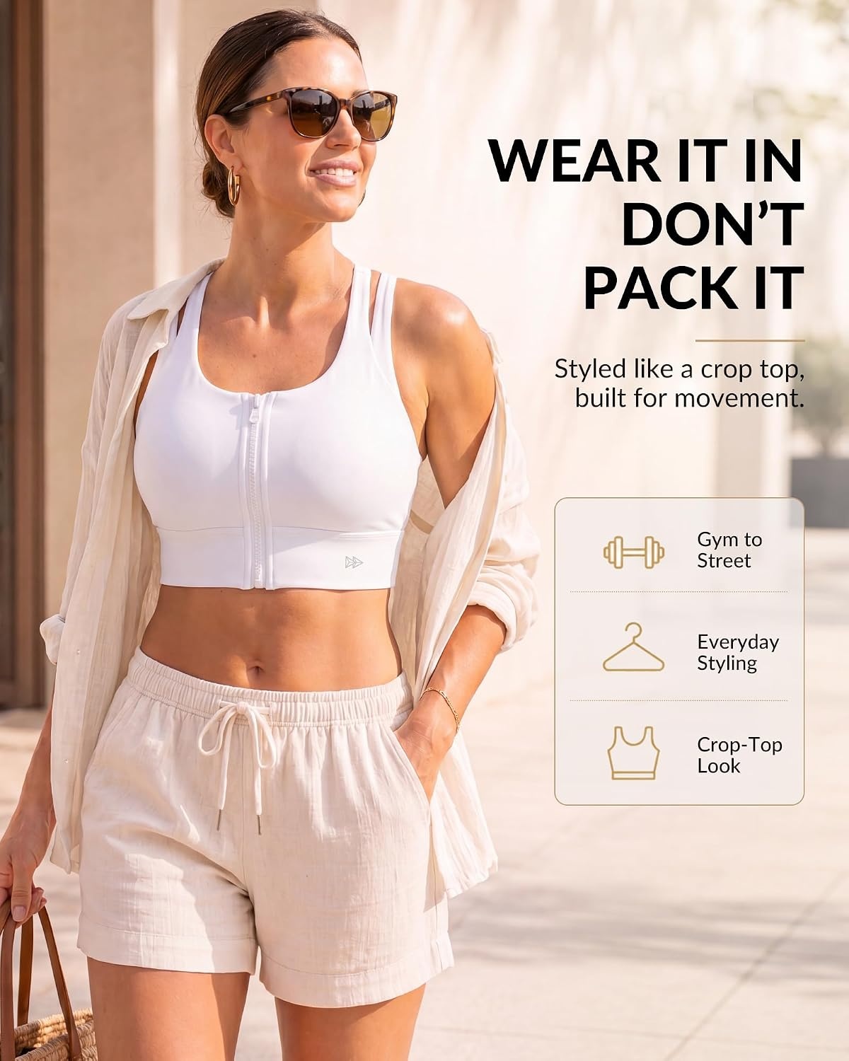 Yvette Front Zip Sports Bra for Women High Impact, Wireless Racerback Workout Bra with Wide Band for Running Gym HIIT(White)