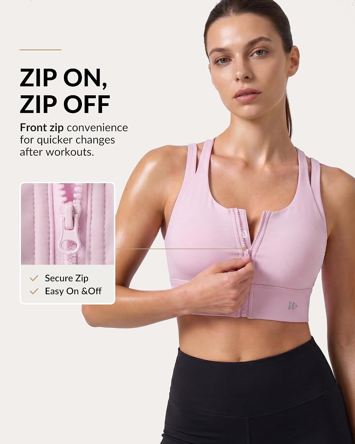 Yvette Front Zip Sports Bra for Women High Impact, Wireless Racerback Workout Bra with Wide Band for Running Gym HIIT(Pink)