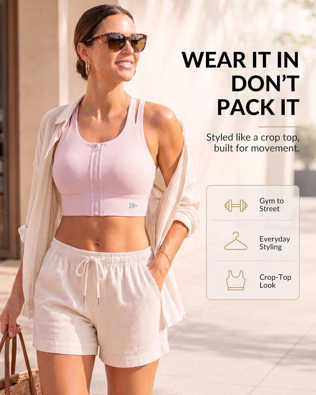 Yvette Front Zip Sports Bra for Women High Impact, Wireless Racerback Workout Bra with Wide Band for Running Gym HIIT(Pink)