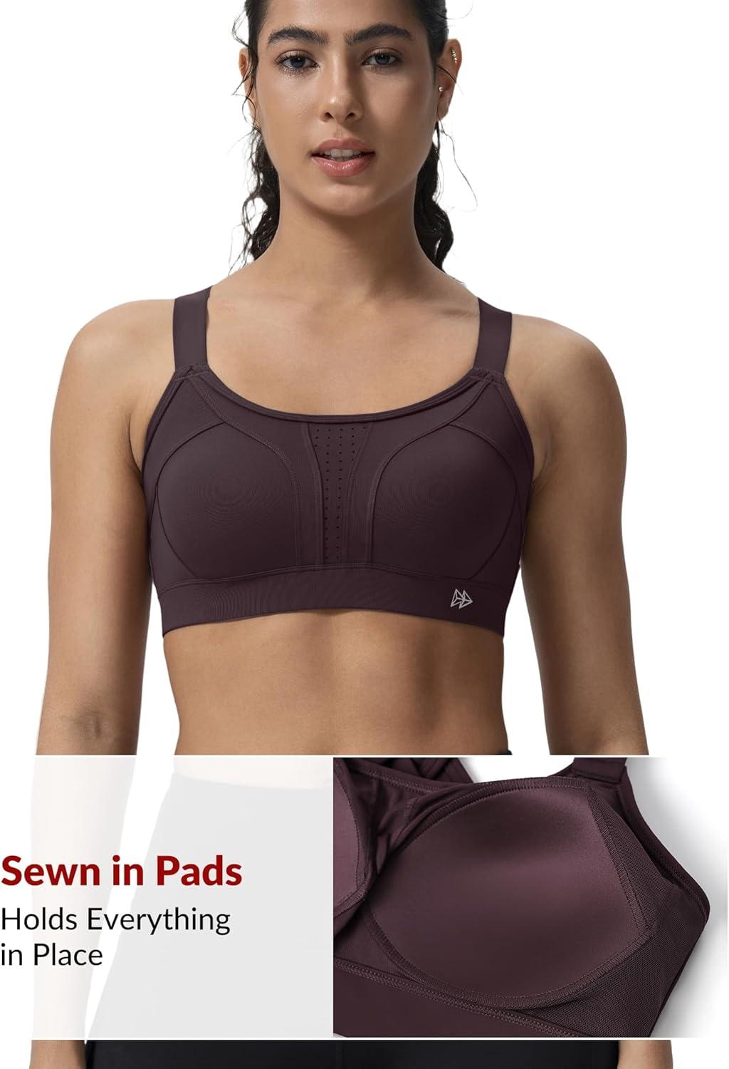 Yvette Sports Bra High Impact Adjustable Criss Cross Back, Full Support for Large Bust No Bounce(Reddish Brown)