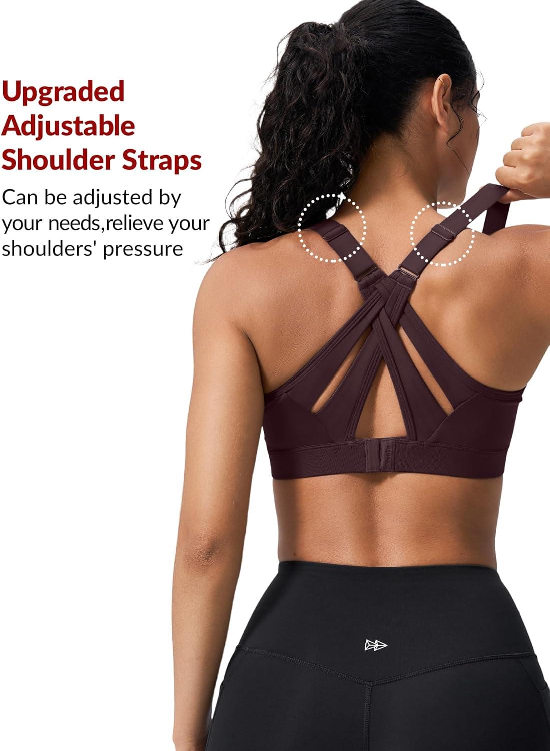 Yvette Sports Bra High Impact Adjustable Criss Cross Back, Full Support for Large Bust No Bounce(Reddish Brown)