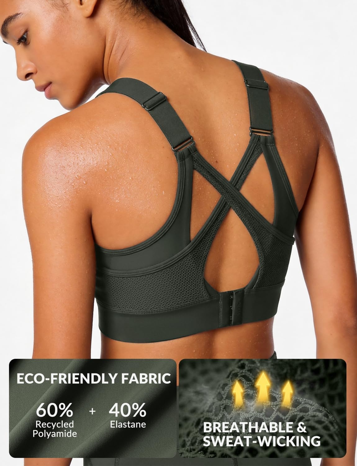 Yvette High Impact Sports Bra for Women, V-Neck Adjustable Cross Straps | Sewn-in Molded Cups, Sweat-wicking, Breathability for Large Busts, No-Shift Support for Running and Workouts(Dark Green)