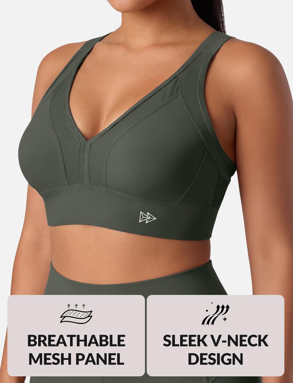 Yvette High Impact Sports Bra for Women, V-Neck Adjustable Cross Straps | Sewn-in Molded Cups, Sweat-wicking, Breathability for Large Busts, No-Shift Support for Running and Workouts(Dark Green)