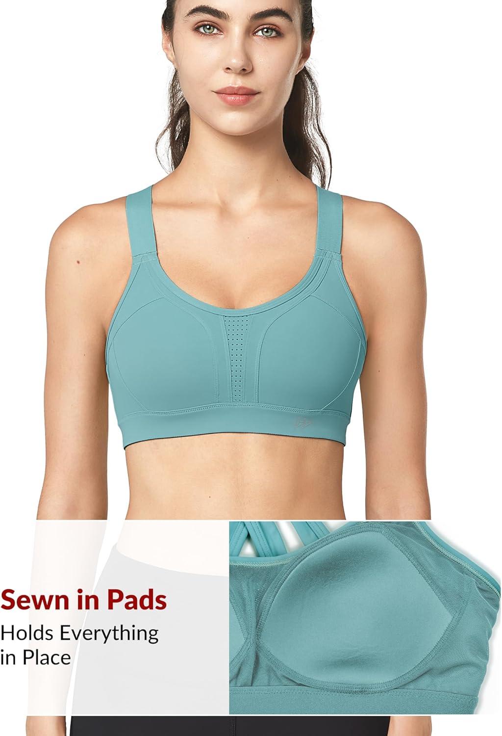 Yvette Sports Bra High Impact Adjustable Criss Cross Back, Full Support for Large Bust No Bounce(Sky Blue)