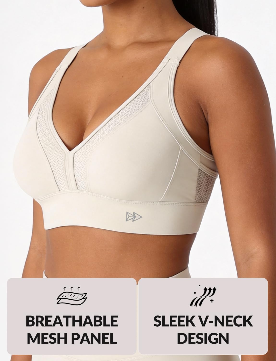 Yvette High Impact Sports Bra for Women, V-Neck Adjustable Cross Straps | Sewn-in Molded Cups, Sweat-wicking, Breathability for Large Busts, No-Shift Support for Running and Workouts(Off-white)