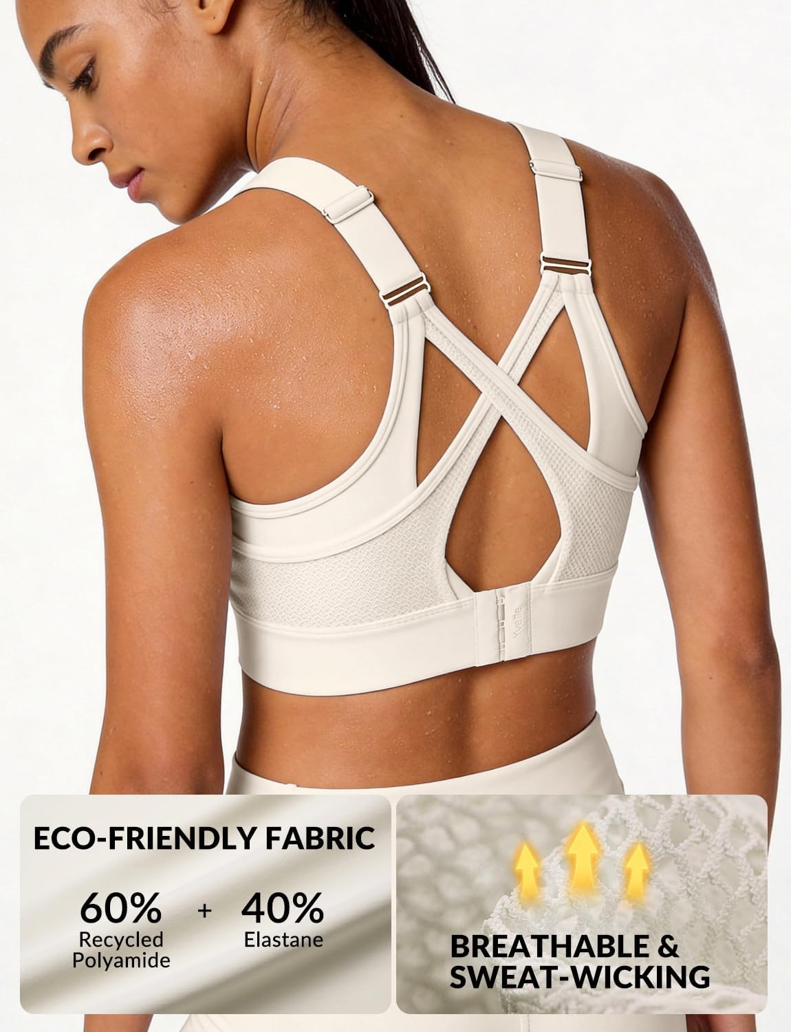 Yvette High Impact Sports Bra for Women, V-Neck Adjustable Cross Straps | Sewn-in Molded Cups, Sweat-wicking, Breathability for Large Busts, No-Shift Support for Running and Workouts(Off-white)