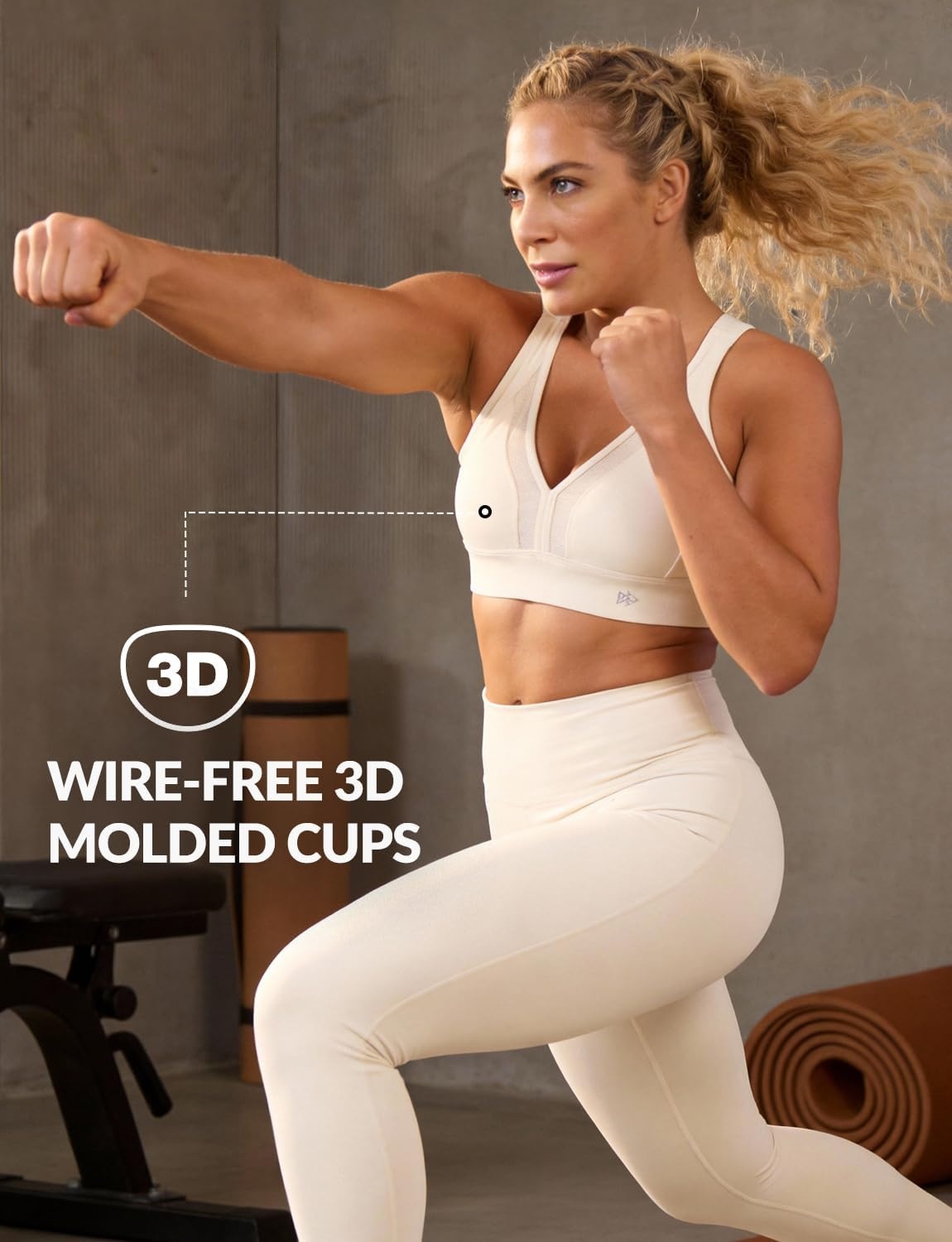 Yvette High Impact Sports Bra for Women, V-Neck Adjustable Cross Straps | Sewn-in Molded Cups, Sweat-wicking, Breathability for Large Busts, No-Shift Support for Running and Workouts(Off-white)
