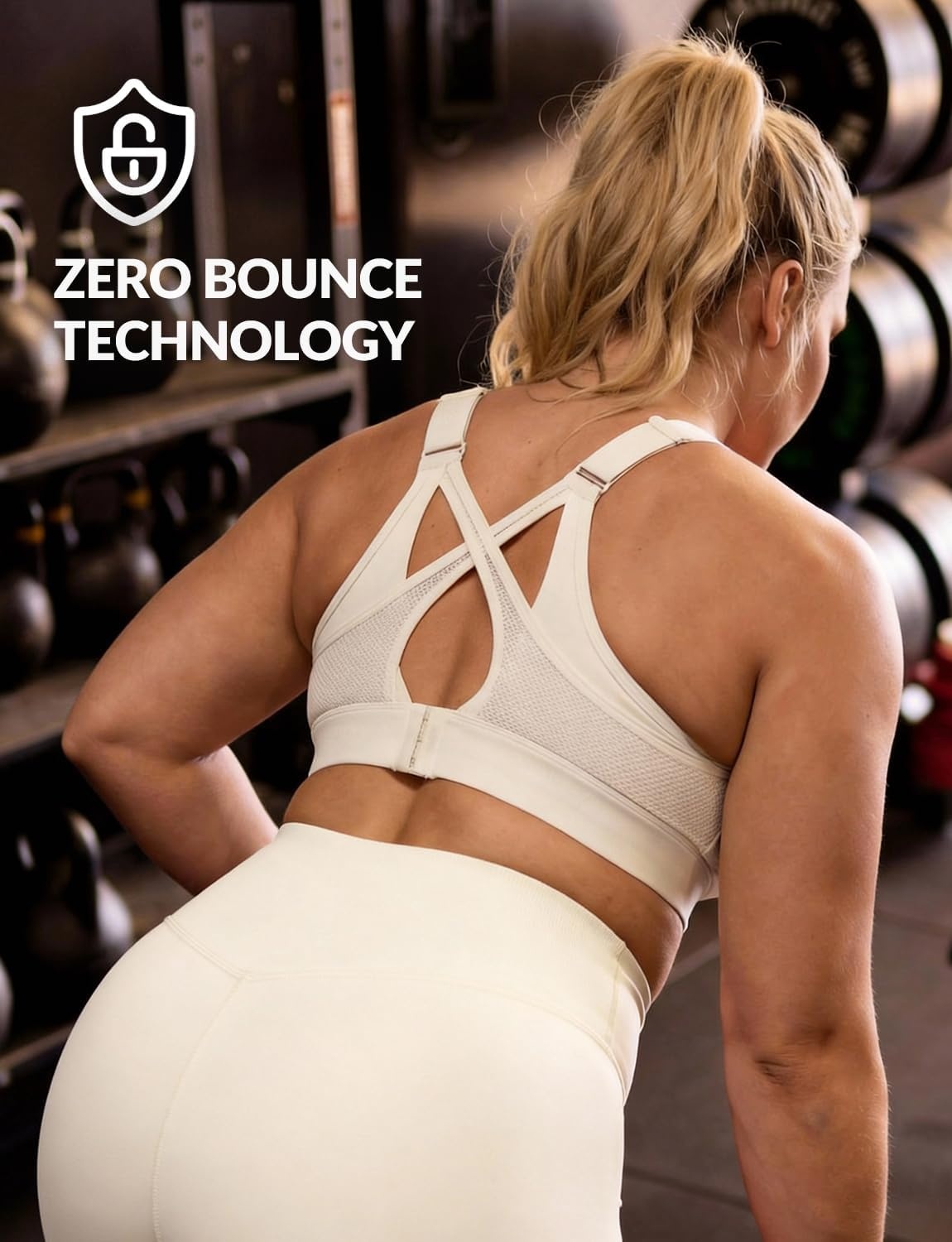 Yvette High Impact Sports Bra for Women, V-Neck Adjustable Cross Straps | Sewn-in Molded Cups, Sweat-wicking, Breathability for Large Busts, No-Shift Support for Running and Workouts(Off-white)