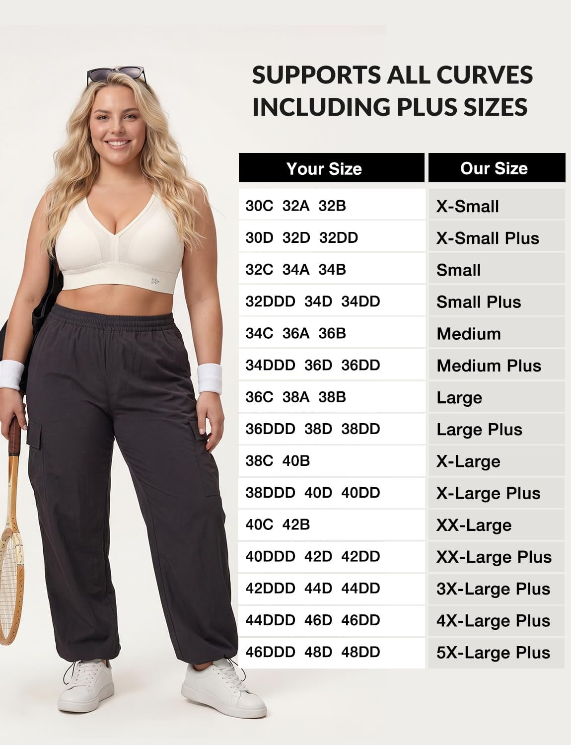 Yvette High Impact Sports Bra for Women, V-Neck Adjustable Cross Straps | Sewn-in Molded Cups, Sweat-wicking, Breathability for Large Busts, No-Shift Support for Running and Workouts(Off-white)