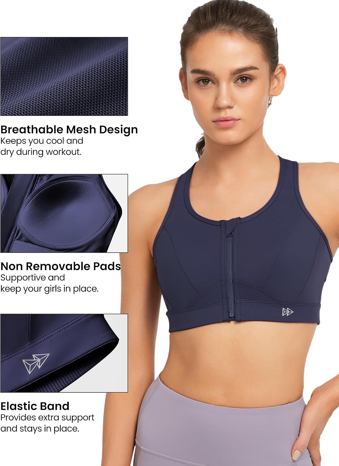 Yvette Zip Front Sports Bra – High Impact Sports Bras for Women Plus Size Workout Fitness Running(Sea Blue)