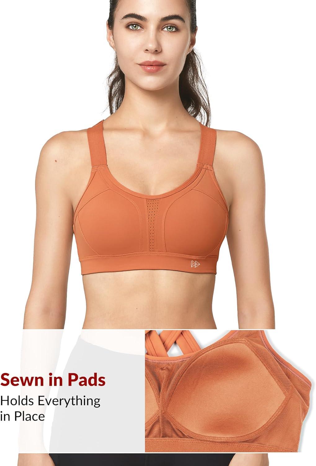 Yvette Sports Bra High Impact Adjustable Criss Cross Back, Full Support for Large Bust No Bounce(Orange)