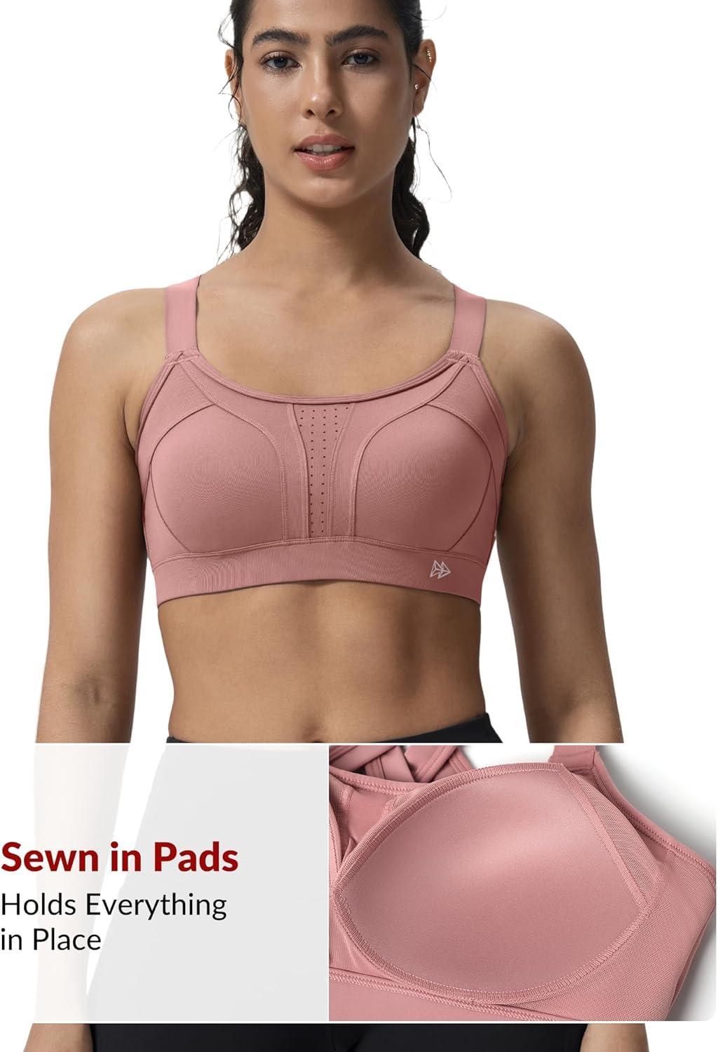 Yvette Sports Bra High Impact Adjustable Criss Cross Back, Full Support for Large Bust No Bounce(Pastel Pink)