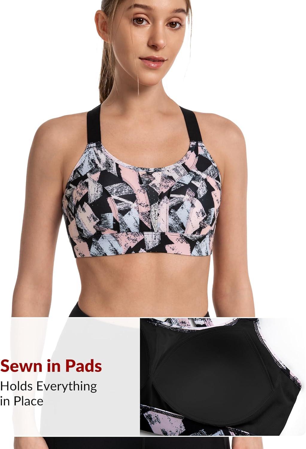 Yvette Sports Bra High Impact Adjustable Criss Cross Back, Full Support for Large Bust No Bounce(Pink Printed)