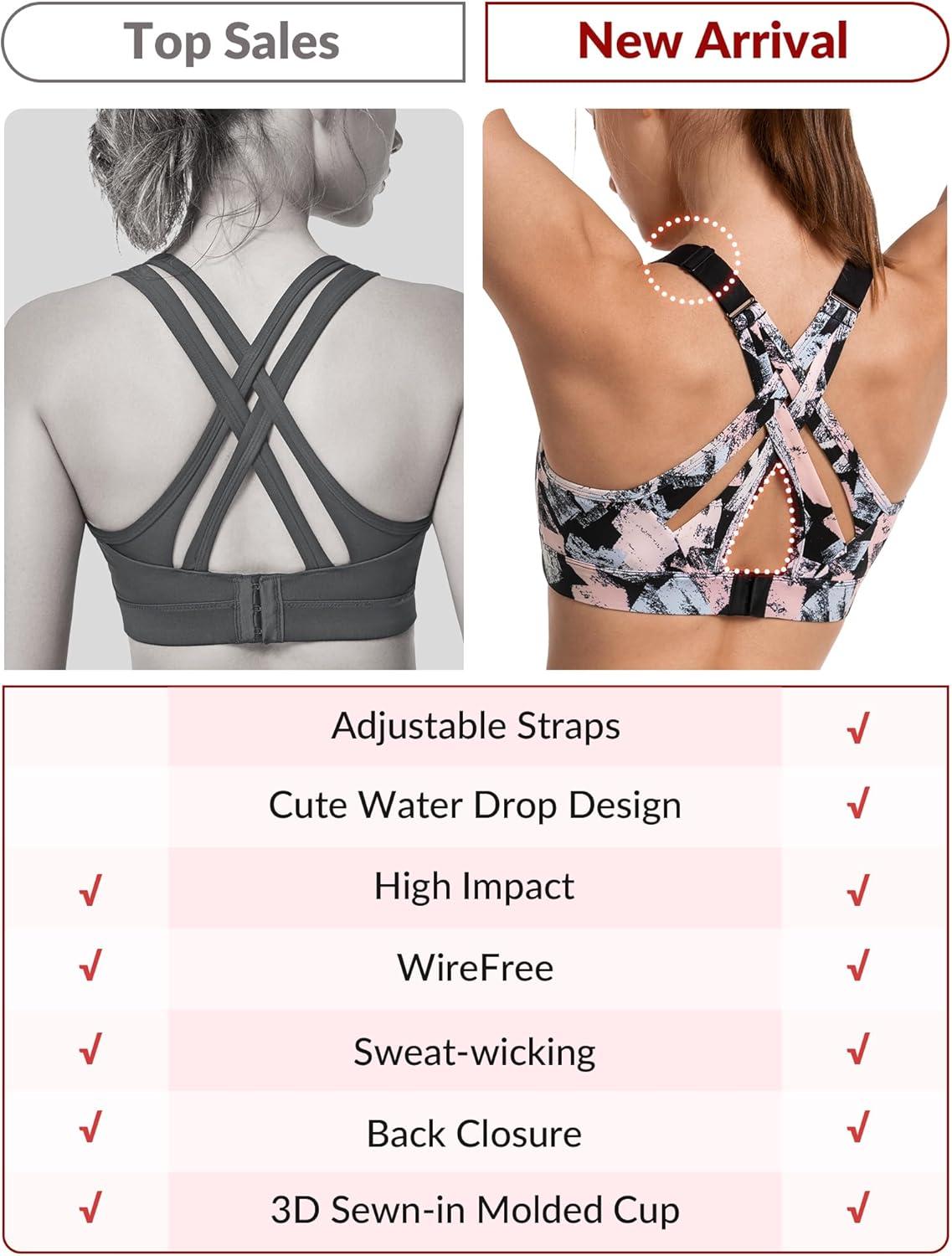 Yvette Sports Bra High Impact Adjustable Criss Cross Back, Full Support for Large Bust No Bounce(Pink Printed)