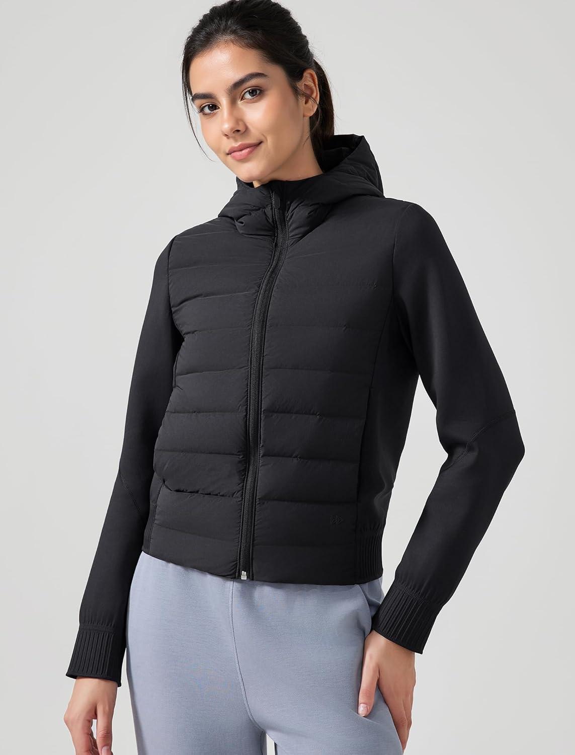 Yvette Women’s Lightweight Warm Puffer Jacket with Hood Full Zip Insulated Winter Running Coat with Pockets(Black)