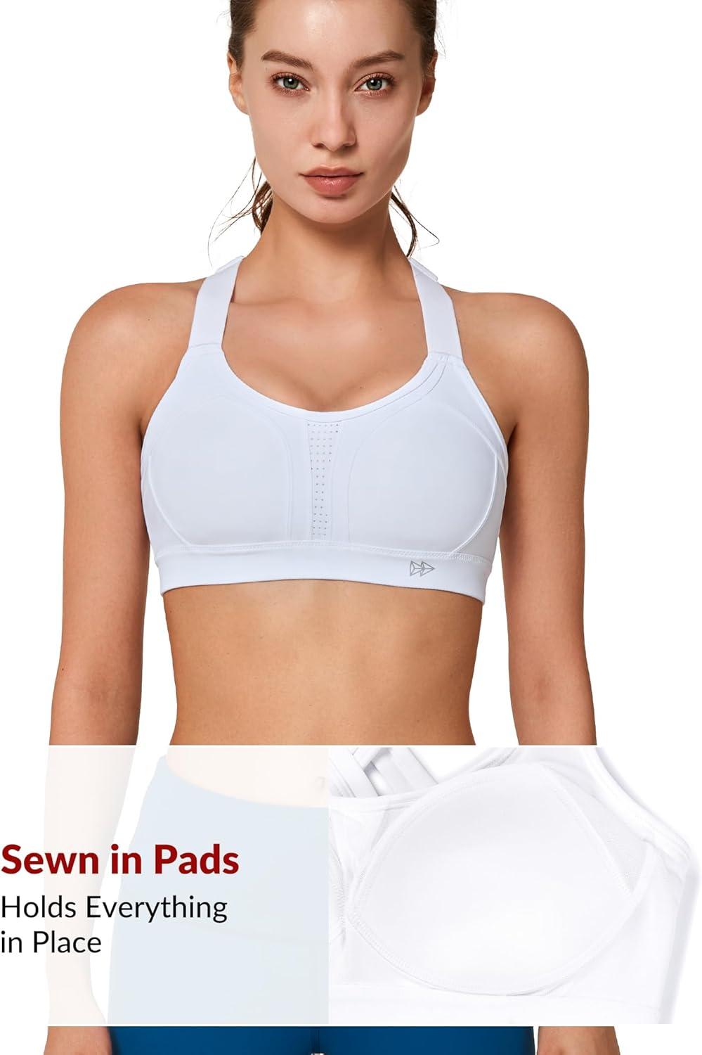 Yvette Sports Bra High Impact Adjustable Criss Cross Back, Full Support for Large Bust No Bounce(White)