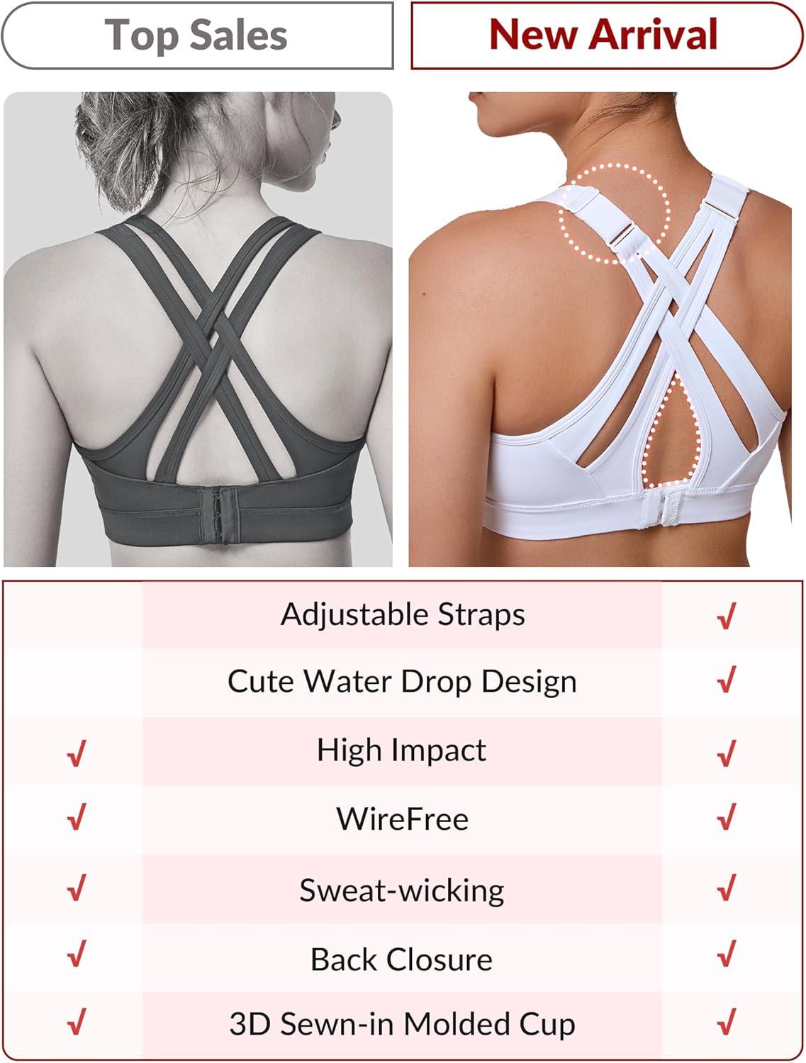 Yvette Sports Bra High Impact Adjustable Criss Cross Back, Full Support for Large Bust No Bounce(White)