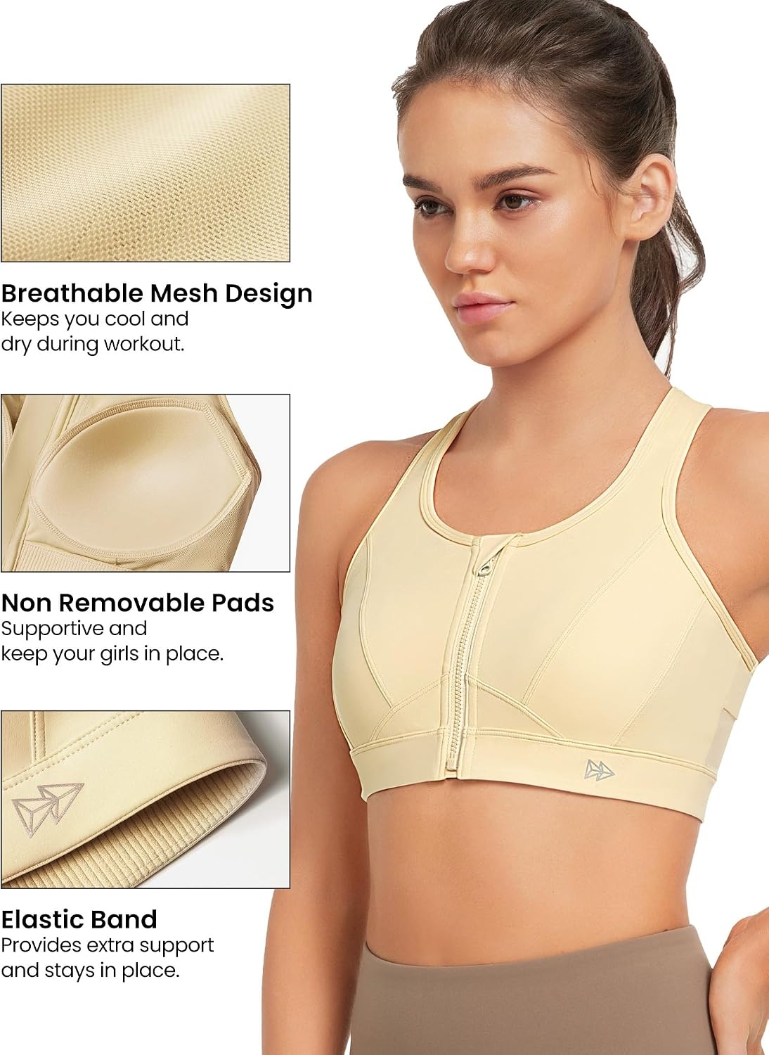 Yvette Zip Front Sports Bra – High Impact Sports Bras for Women Plus Size Workout Fitness Running(Light Yellow)