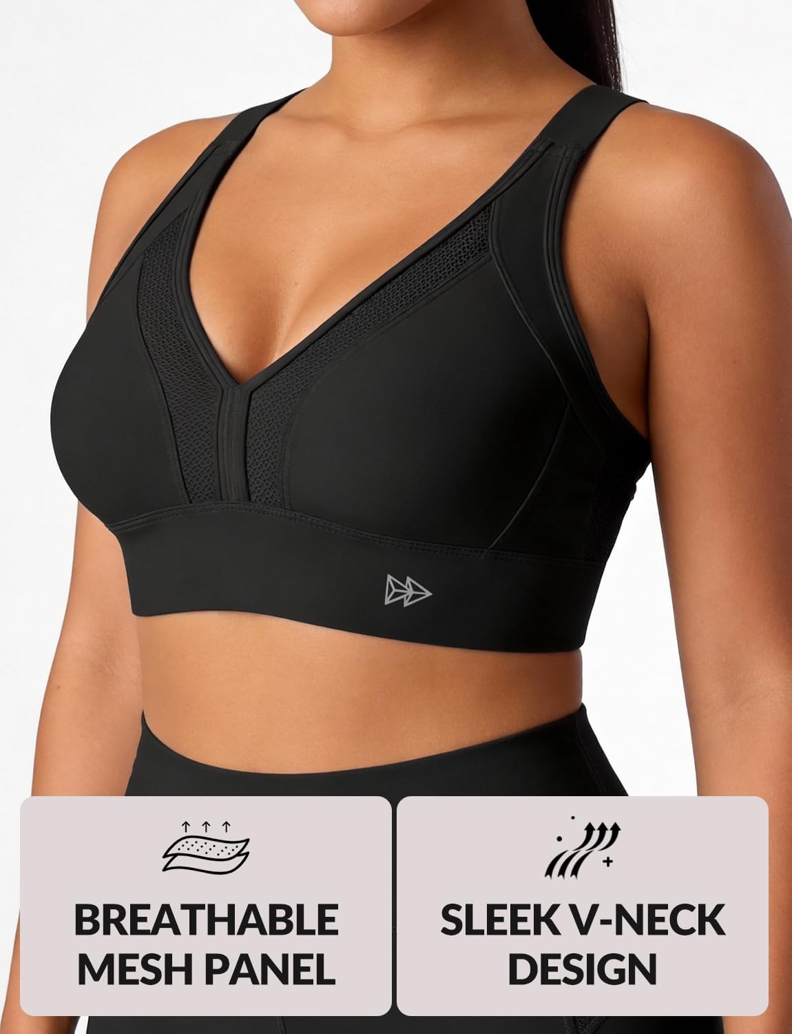 Yvette High Impact Sports Bra for Women, V-Neck Adjustable Cross Straps | Sewn-in Molded Cups, Sweat-wicking, Breathability for Large Busts, No-Shift Support for Running and Workouts(Black)