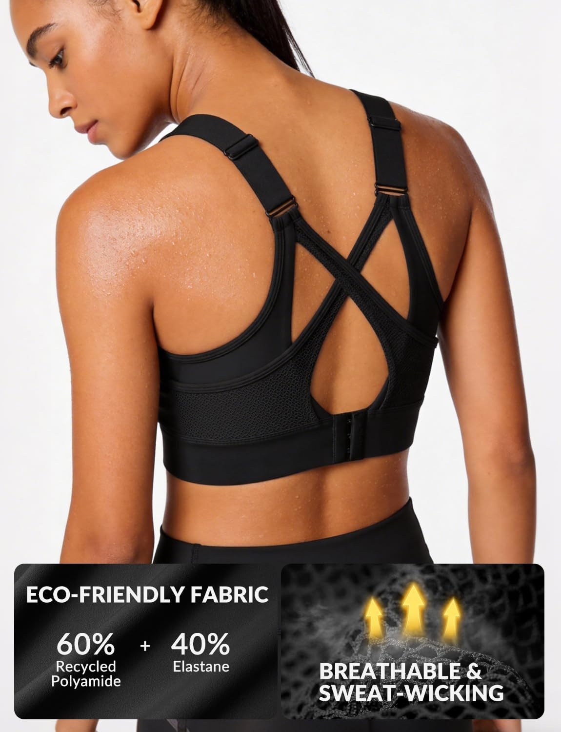 Yvette High Impact Sports Bra for Women, V-Neck Adjustable Cross Straps | Sewn-in Molded Cups, Sweat-wicking, Breathability for Large Busts, No-Shift Support for Running and Workouts(Black)