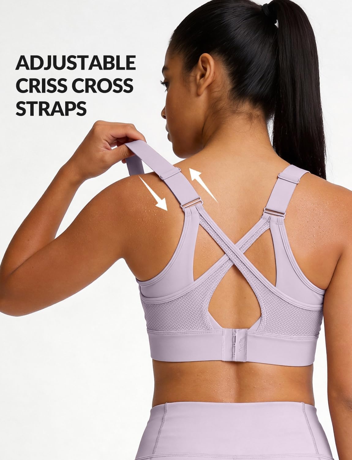 Yvette High Impact Sports Bra for Women, V-Neck Adjustable Cross Straps | Sewn-in Molded Cups, Sweat-wicking, Breathability for Large Busts, No-Shift Support for Running and Workouts(Light Purple)