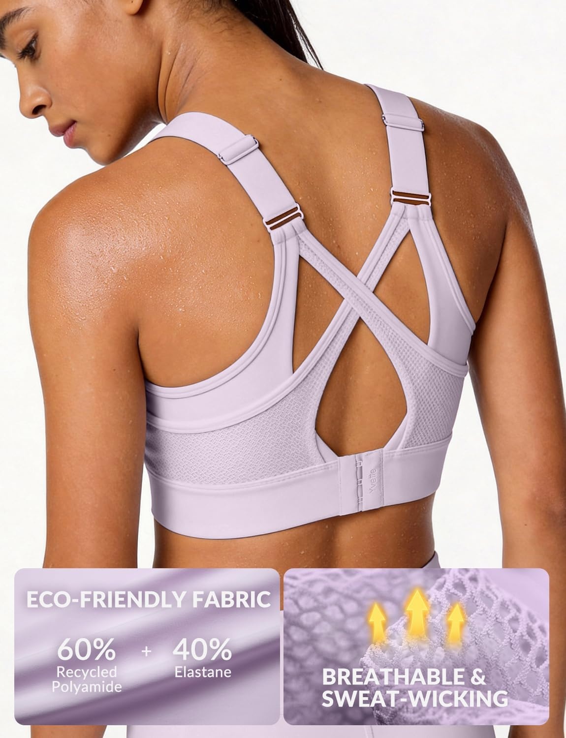 Yvette High Impact Sports Bra for Women, V-Neck Adjustable Cross Straps | Sewn-in Molded Cups, Sweat-wicking, Breathability for Large Busts, No-Shift Support for Running and Workouts(Light Purple)