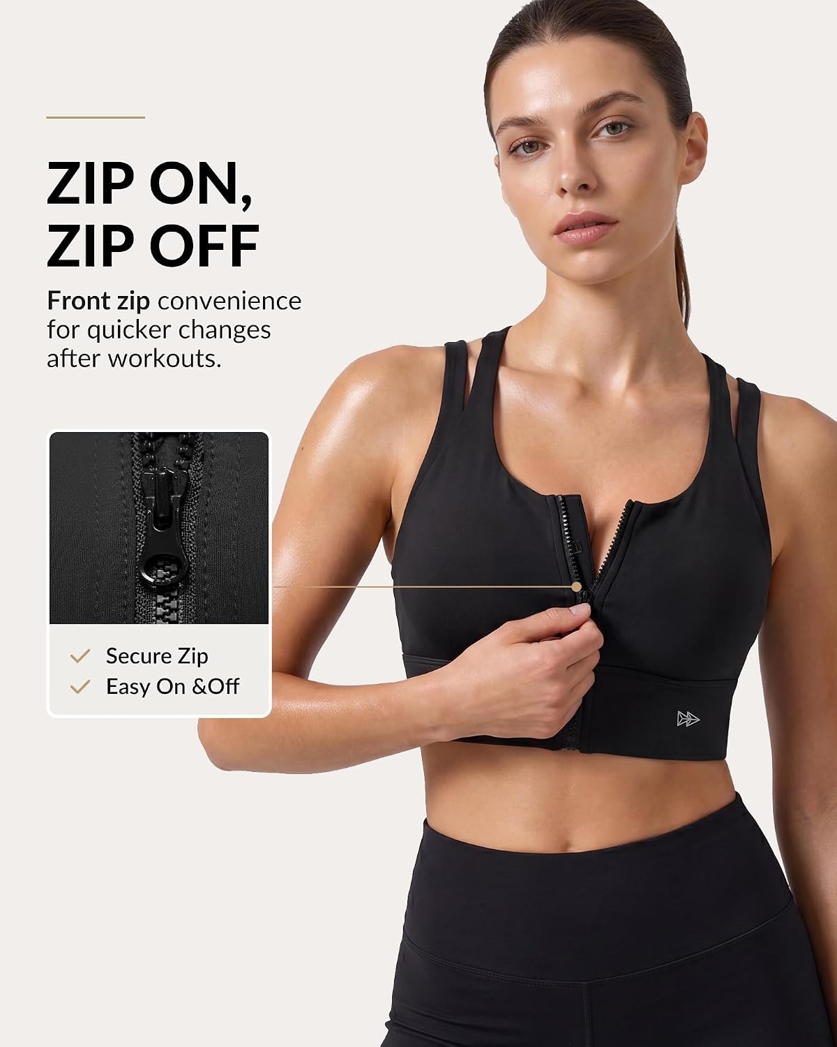 Yvette Front Zip Sports Bra for Women High Impact, Wireless Racerback Workout Bra with Wide Band for Running Gym HIIT(Black)