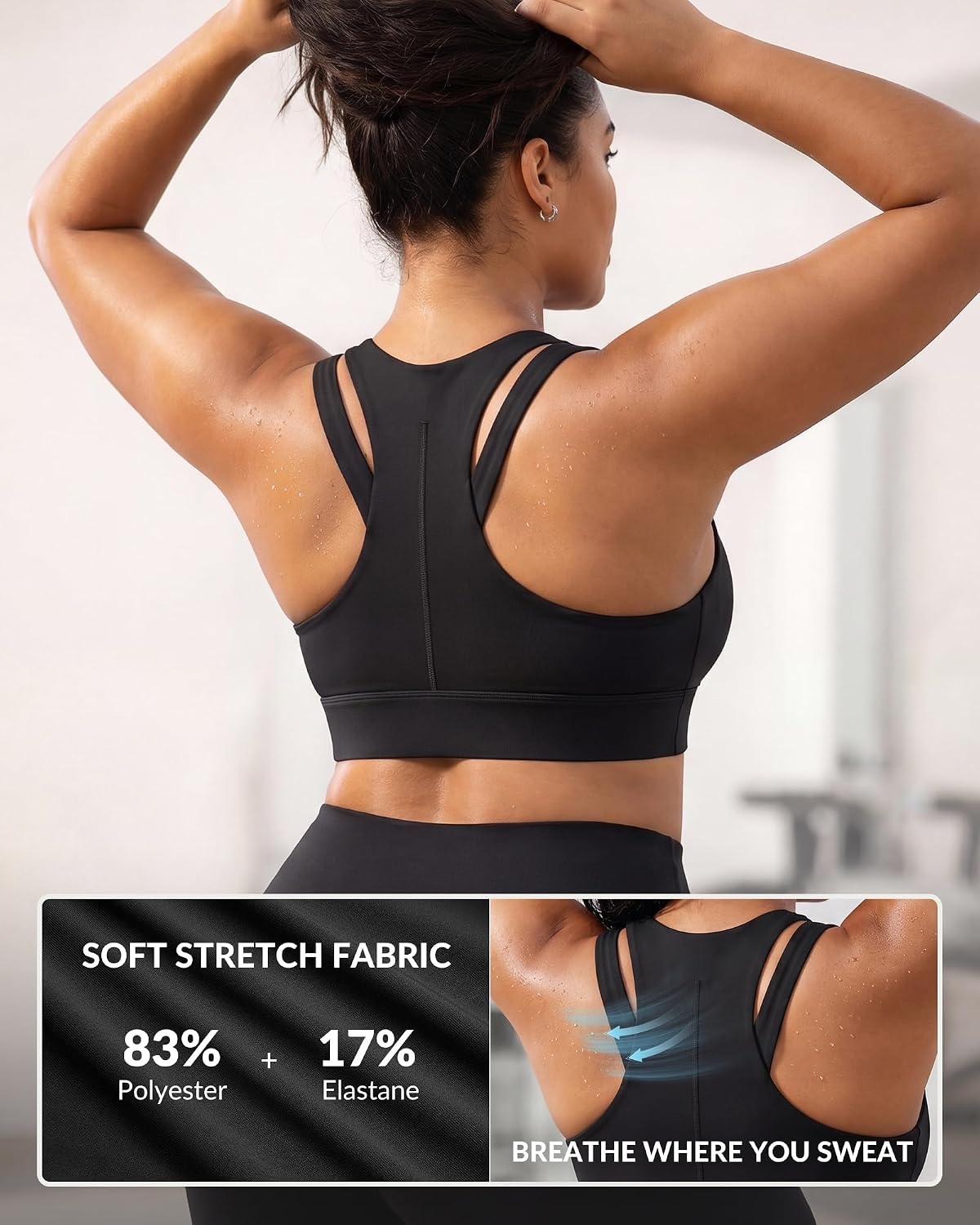 Yvette Front Zip Sports Bra for Women High Impact, Wireless Racerback Workout Bra with Wide Band for Running Gym HIIT(Black)