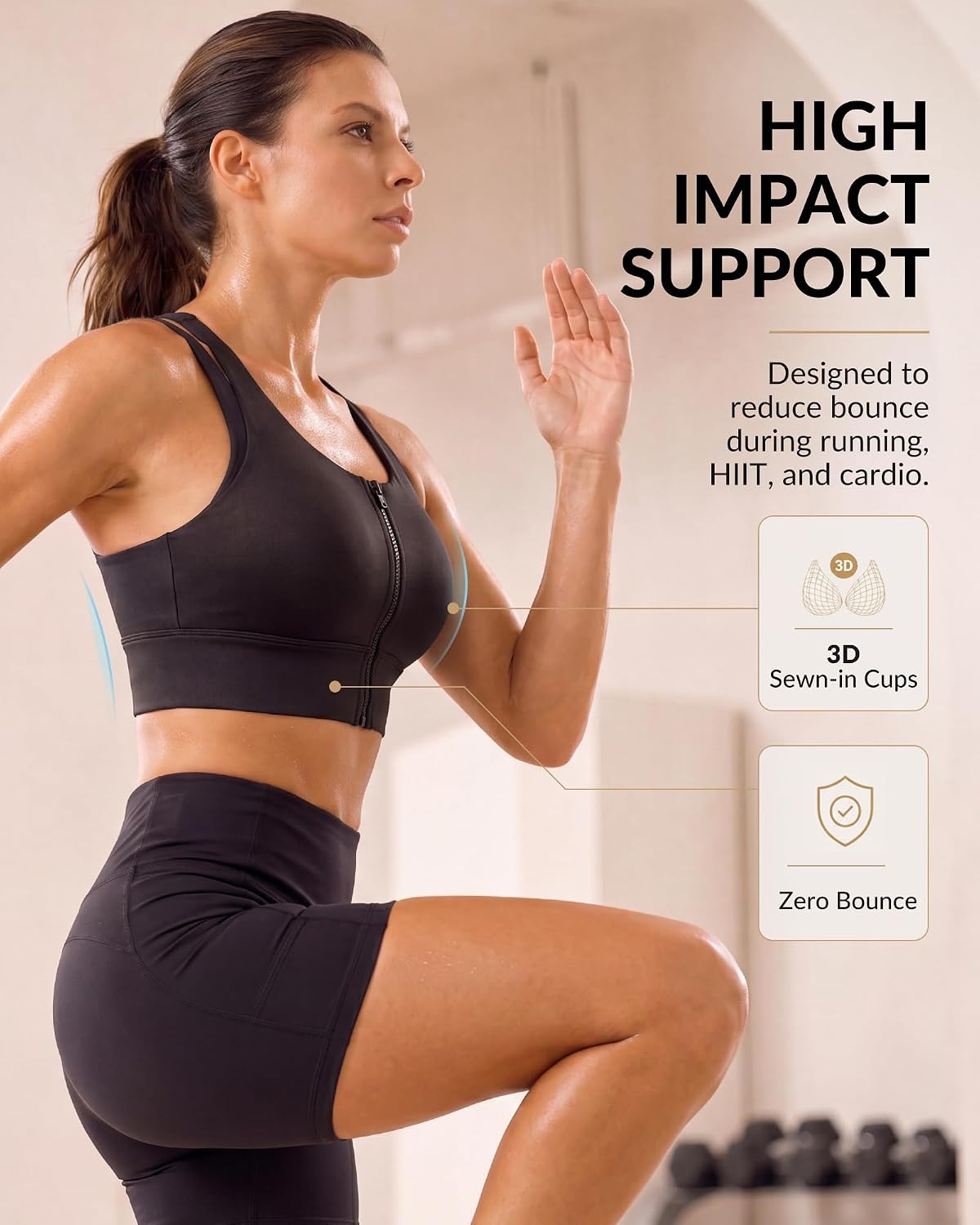 Yvette Front Zip Sports Bra for Women High Impact, Wireless Racerback Workout Bra with Wide Band for Running Gym HIIT(Black)