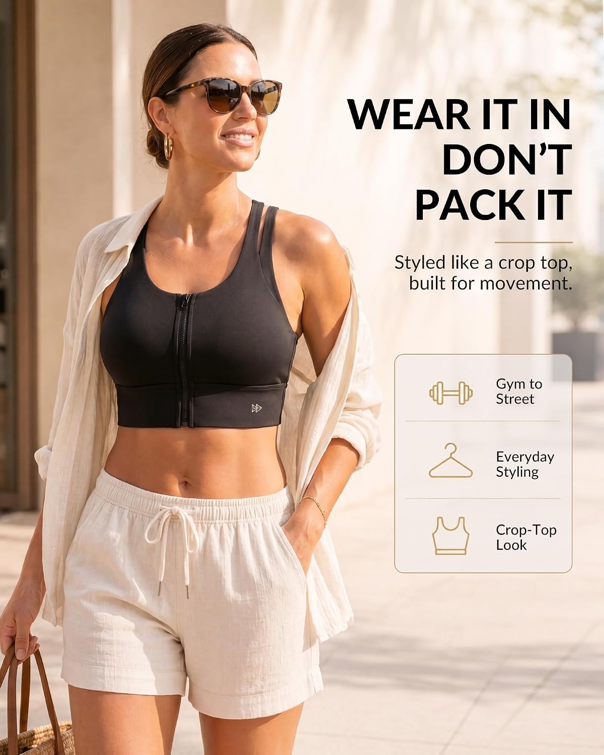 Yvette Front Zip Sports Bra for Women High Impact, Wireless Racerback Workout Bra with Wide Band for Running Gym HIIT(Black)