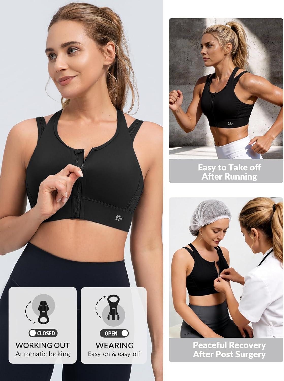 Yvette Front Zipper Sports Bras for Women High Support Double Straps Plus Size Sports Bra with Sewn in Pads,Black,XL Plus