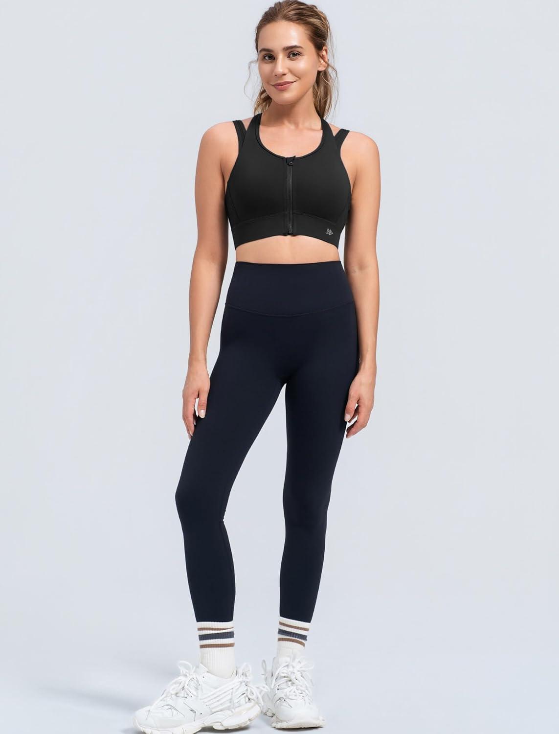 Yvette Front Zipper Sports Bras for Women High Support Double Straps Plus Size Sports Bra with Sewn in Pads,Black,XL Plus