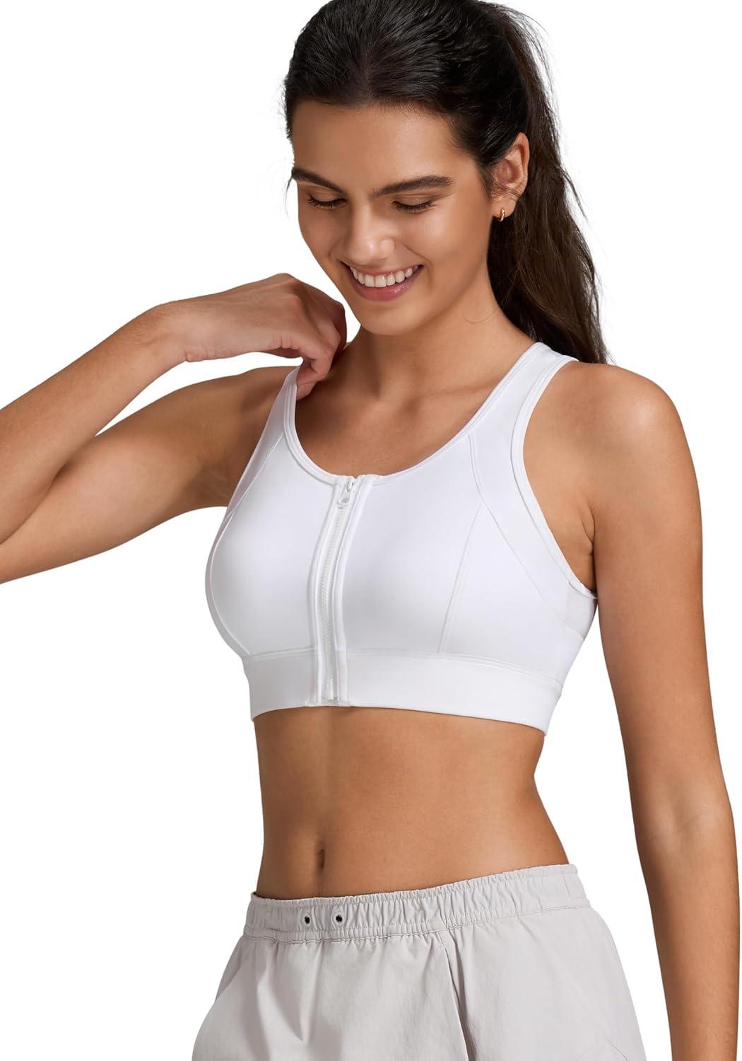 Yvette Front Zip Sports Bras for Women High Impact Supportive Mesh Back Bra for Running(White)