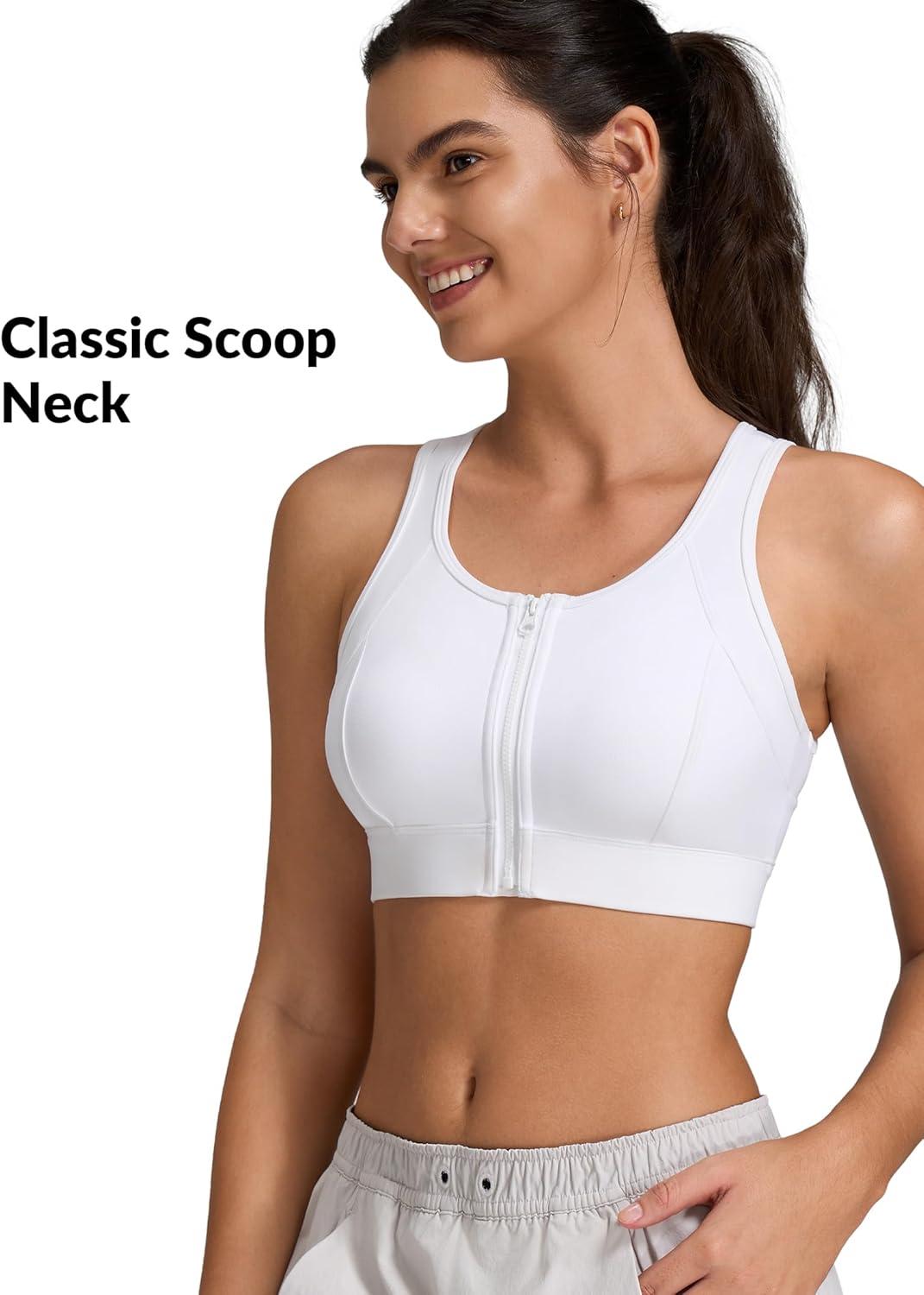 Yvette Front Zip Sports Bras for Women High Impact Supportive Mesh Back Bra for Running(White)