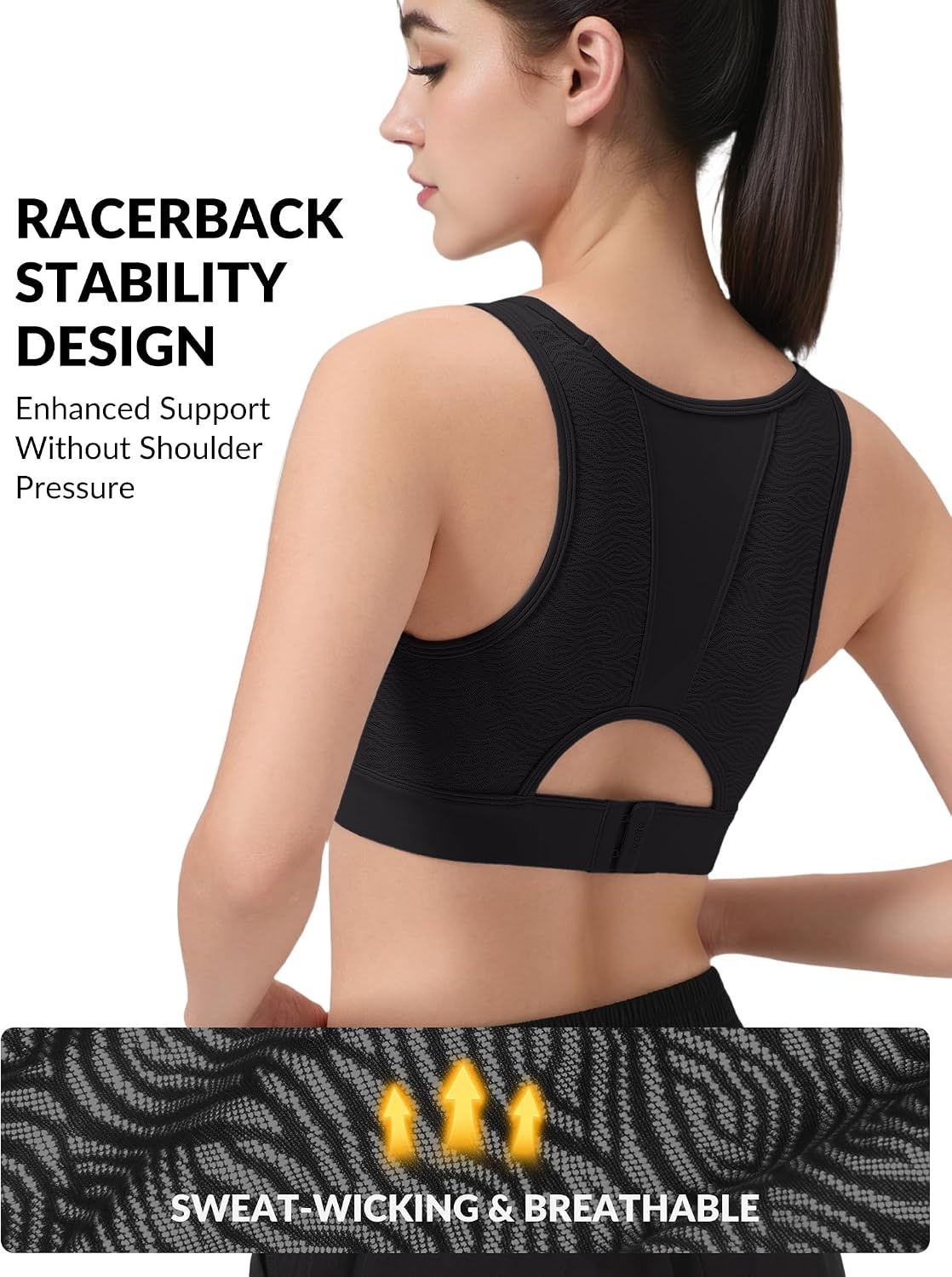 Yvette Racerback Sports Bras for Women High Impact, Maximum Support Wireless Running Bra for Large Breasts with Sewn in Pads(Black)