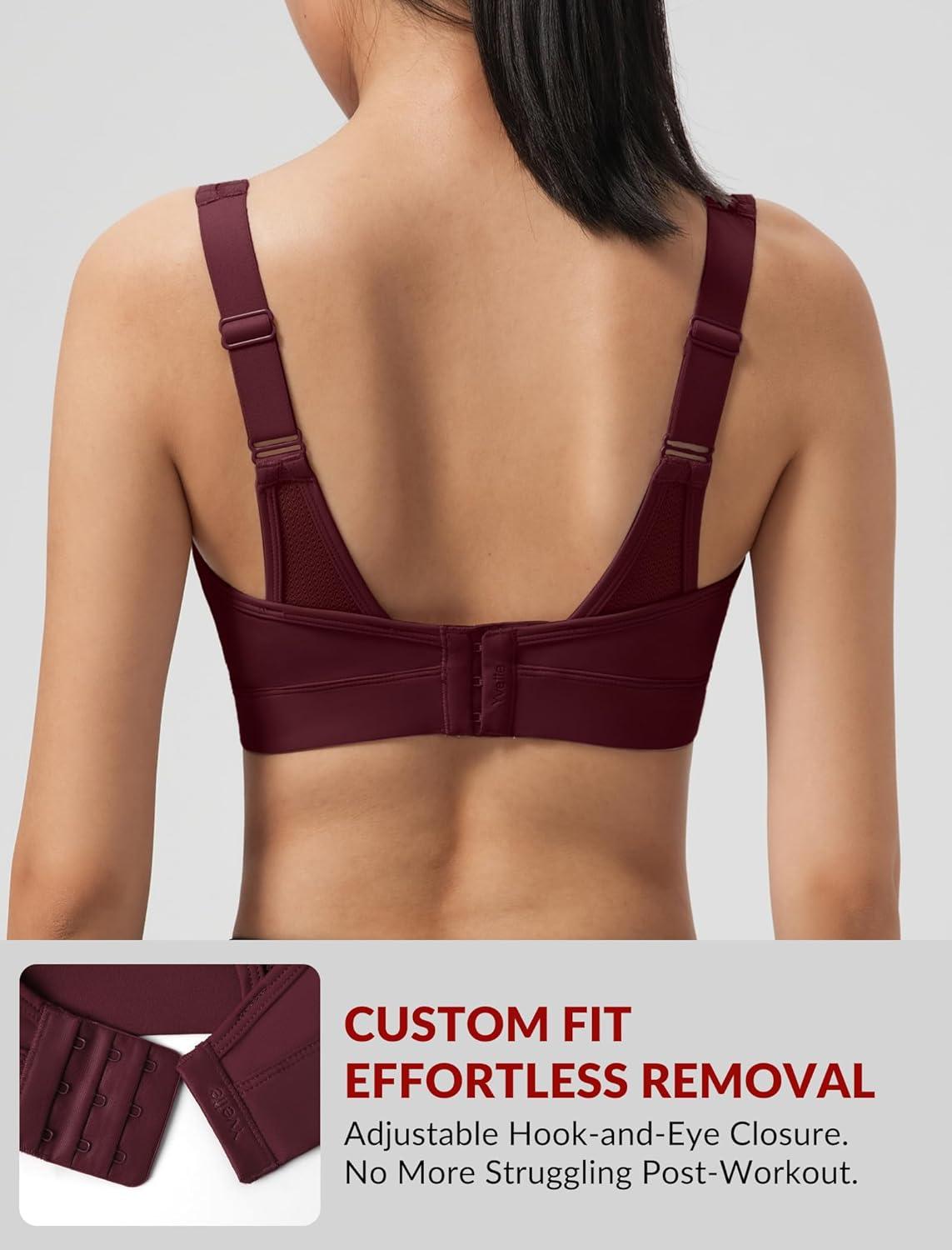 Yvette Sports Bras for Women with Adjustable Straps High Impact Support Running Bra Wireless Front Cross Plus Size Workout(Burgundy)