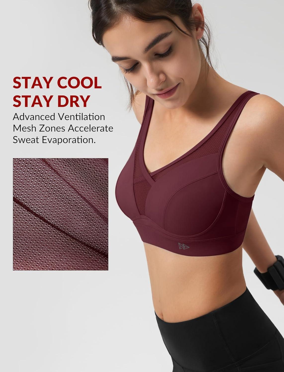 Yvette Sports Bras for Women with Adjustable Straps High Impact Support Running Bra Wireless Front Cross Plus Size Workout(Burgundy)